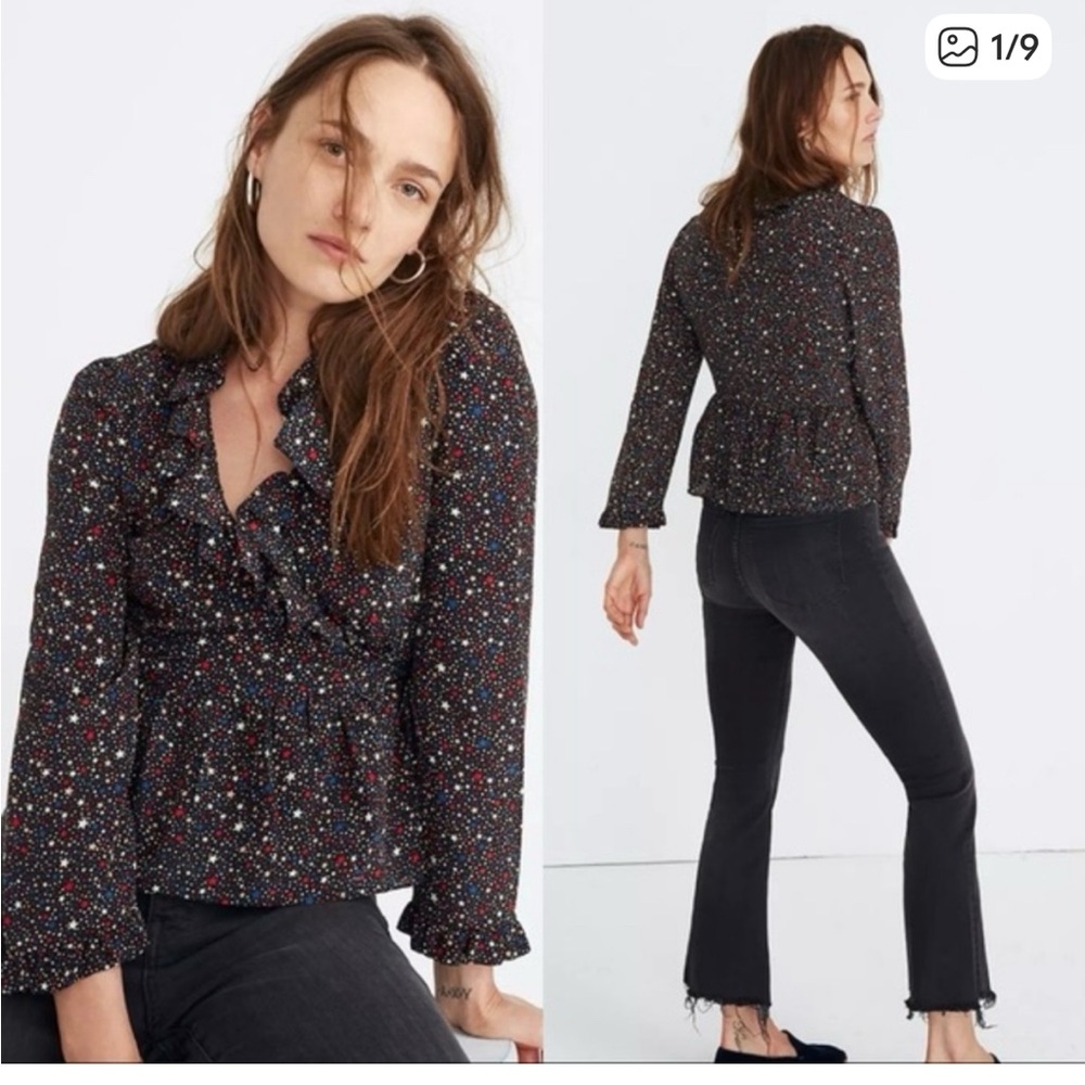 Madewell Black Floral Ruffle Blouse 100% silk
